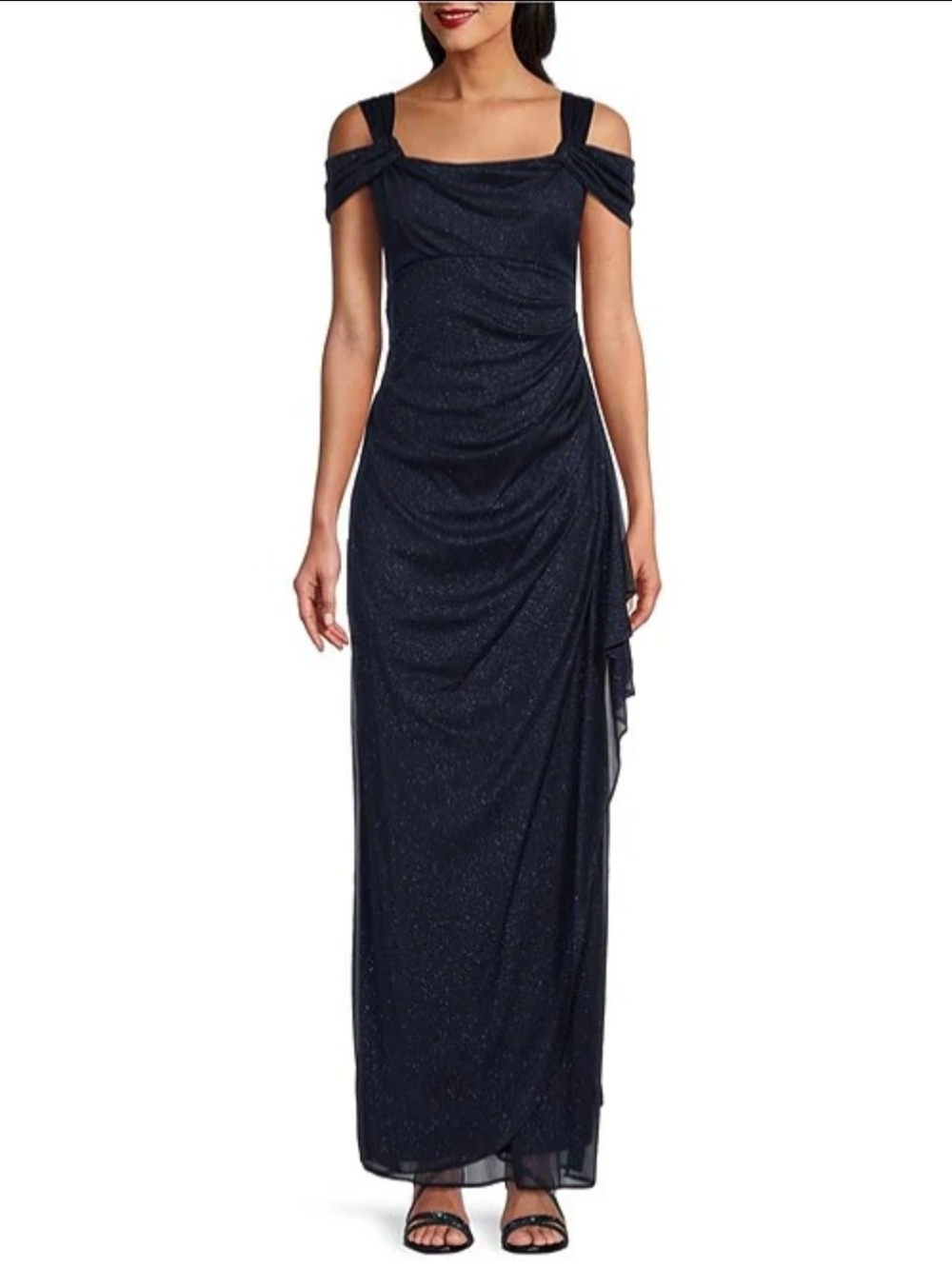 Alex Evenings Glitter Mesh Cowl Neck Cold Shoulder Cap Sleeve Side Slit Ruched